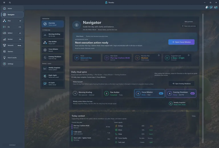 Runeka Navigator overview showing the daily ritual and next action