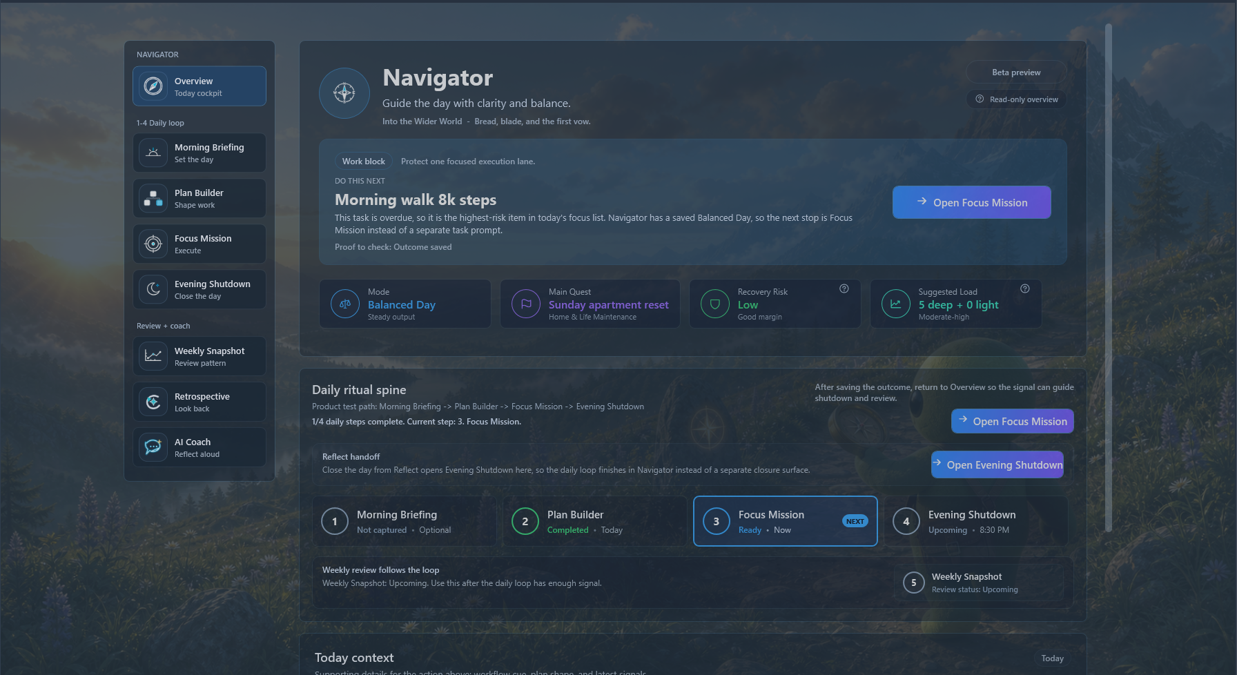 Runeka Navigator overview showing the daily ritual, current focus mission, and Evening Shutdown action