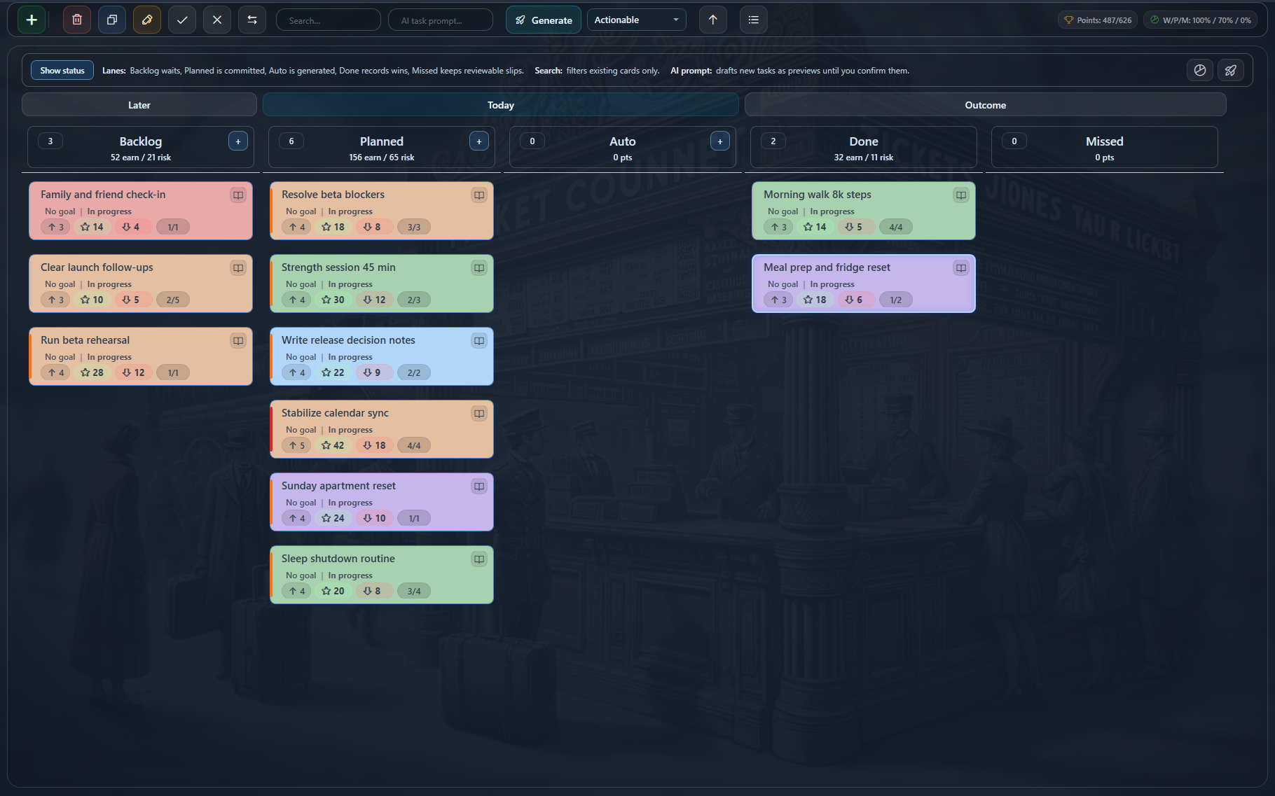 Runeka Tasks board with planned, backlog, and completed work